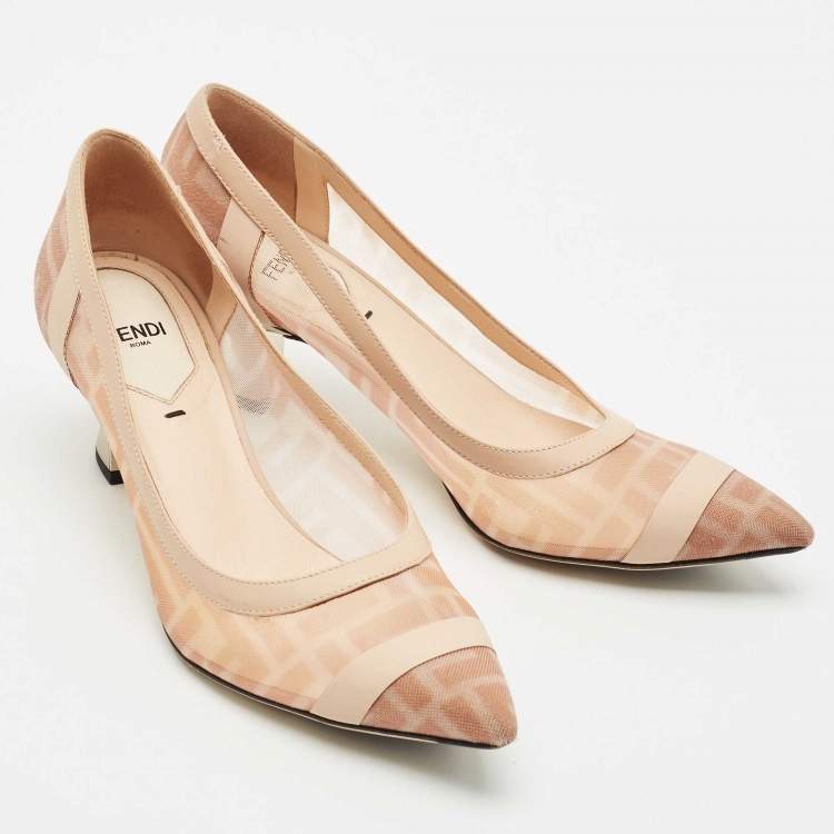 Pre Owned Fendi Light Pink/Brown Zucca Mesh and Leather Colibri Pumps Size 38