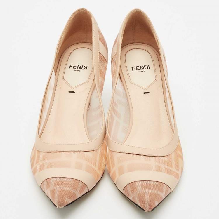 Pre Owned Fendi Light Pink/Brown Zucca Mesh and Leather Colibri Pumps Size 38