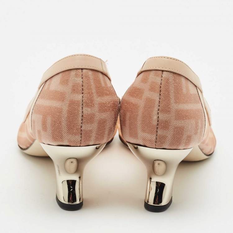 Pre Owned Fendi Light Pink/Brown Zucca Mesh and Leather Colibri Pumps Size 38