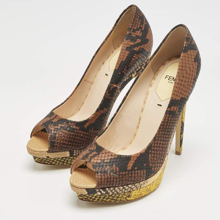 Pre Owned Fendi Brown Python Embossed Leather Peep Toe Platform Pumps Size 37.5