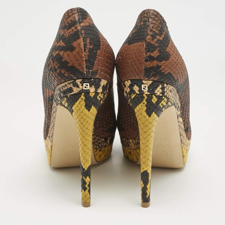 Pre Owned Fendi Brown Python Embossed Leather Peep Toe Platform Pumps Size 37.5