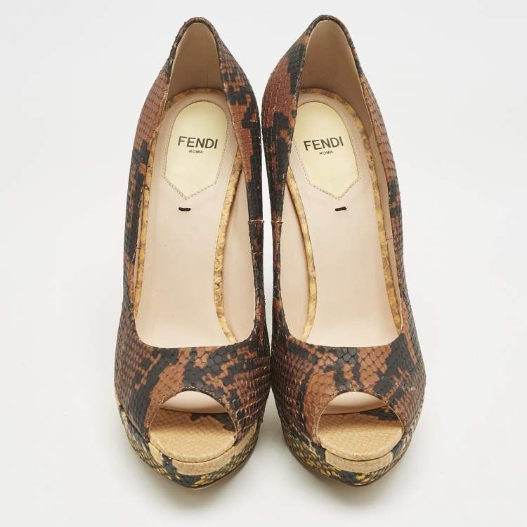 Pre Owned Fendi Brown Python Embossed Leather Peep Toe Platform Pumps Size 37.5