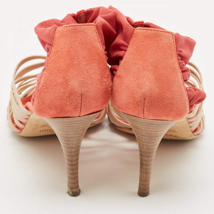 Pre Owned Fendi Red/Beige Suede And Elastic Strappy Sandals Size 38