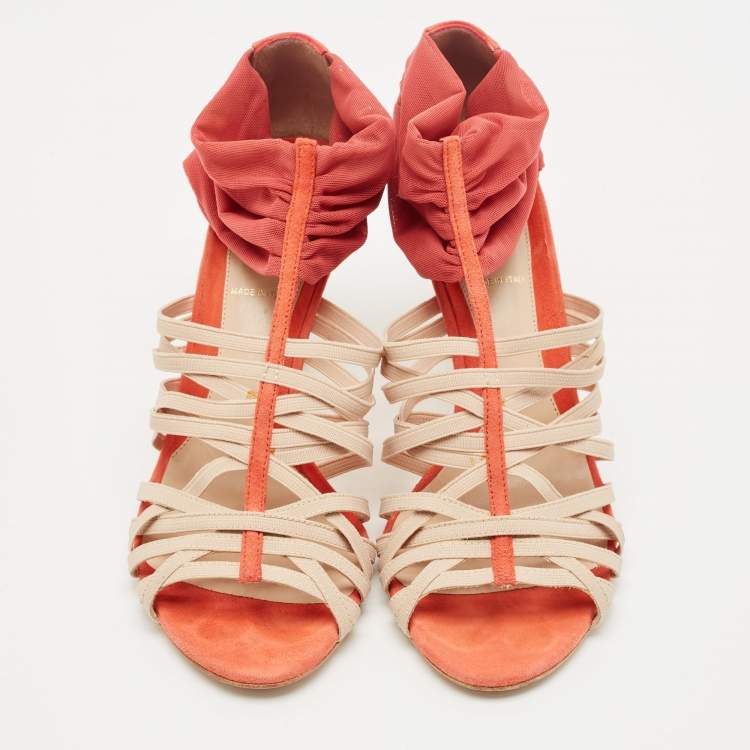 Pre Owned Fendi Red/Beige Suede And Elastic Strappy Sandals Size 38