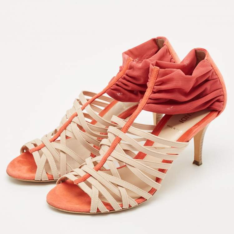 Pre Owned Fendi Red/Beige Suede And Elastic Strappy Sandals Size 38