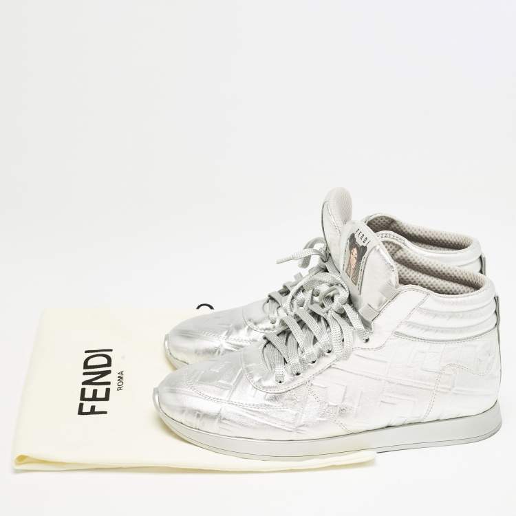 Pre Owned Fendi X Nicki Minaj Silver Laminated Leather High Top Sneakers 38.5