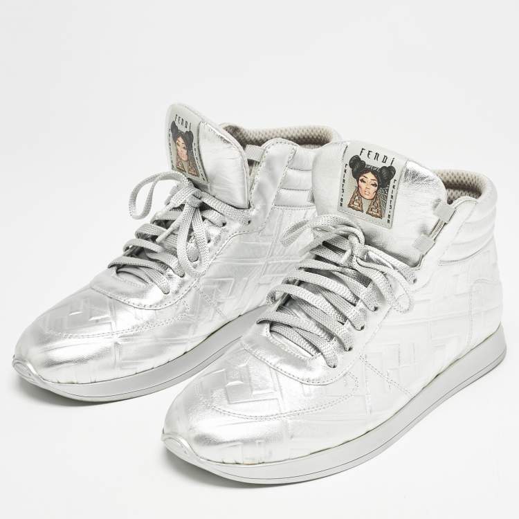 Pre Owned Fendi X Nicki Minaj Silver Laminated Leather High Top Sneakers 38.5