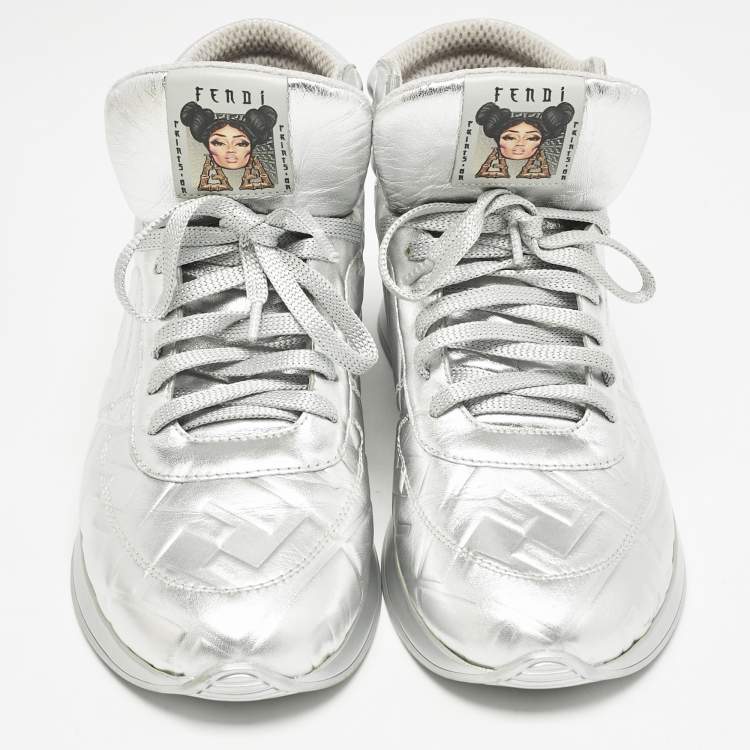 Pre Owned Fendi X Nicki Minaj Silver Laminated Leather High Top Sneakers 38.5