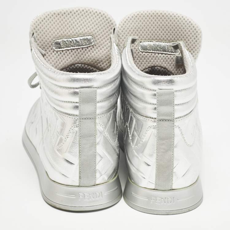 Pre Owned Fendi X Nicki Minaj Silver Laminated Leather High Top Sneakers 38.5