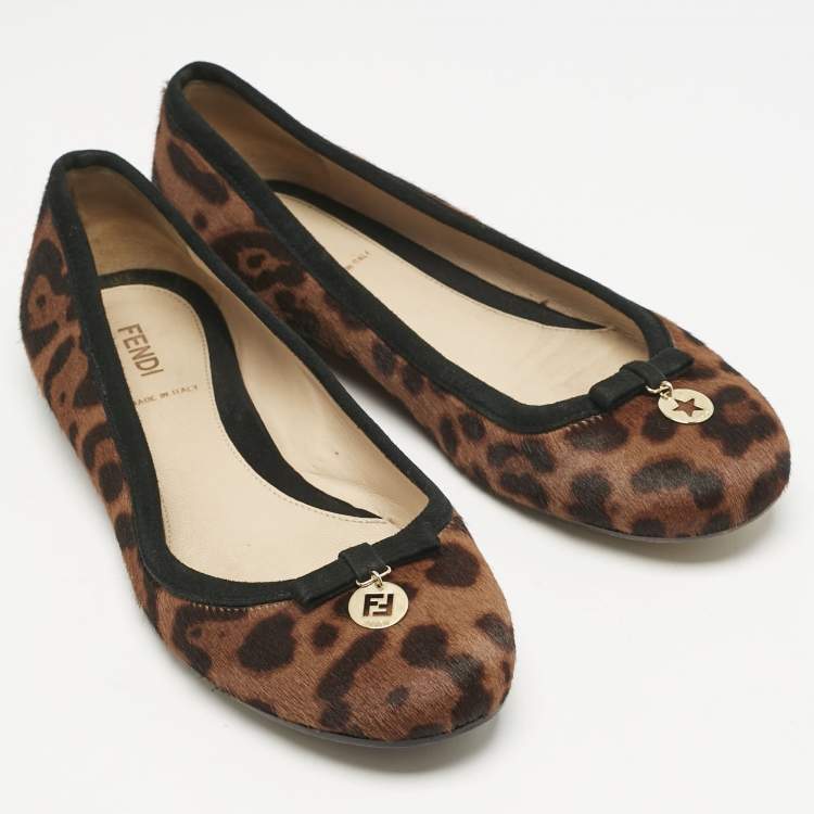 Pre Owned Fendi Black/Brown Suede and Leopard Print Calf Hair Bow Ballet Flats Size 37