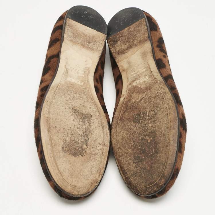 Pre Owned Fendi Black/Brown Suede and Leopard Print Calf Hair Bow Ballet Flats Size 37