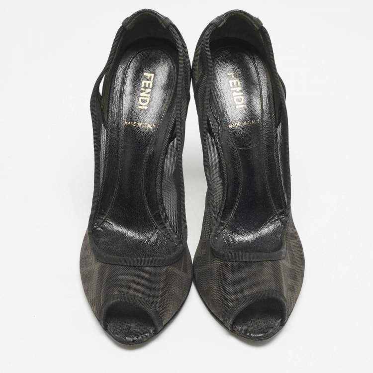 Pre Owned Fendi Black Zucca Mesh and Coated Fabric Peep Toe Pumps Size 37