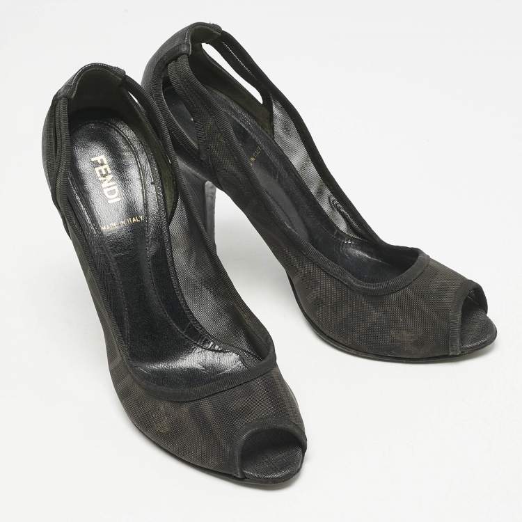 Pre Owned Fendi Black Zucca Mesh and Coated Fabric Peep Toe Pumps Size 37