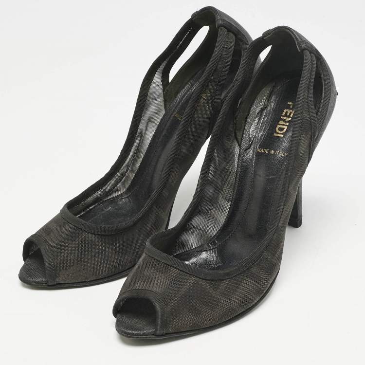Pre Owned Fendi Black Zucca Mesh and Coated Fabric Peep Toe Pumps Size 37