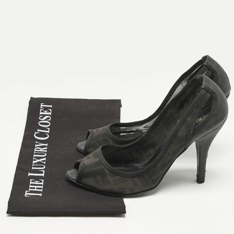 Pre Owned Fendi Black Zucca Mesh and Coated Fabric Peep Toe Pumps Size 37