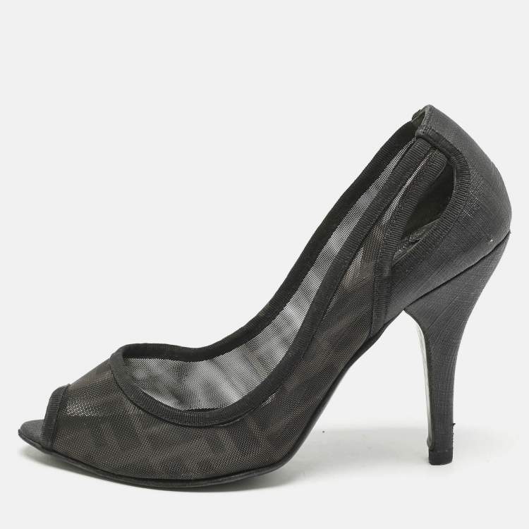 Pre Owned Fendi Black Zucca Mesh and Coated Fabric Peep Toe Pumps Size 37