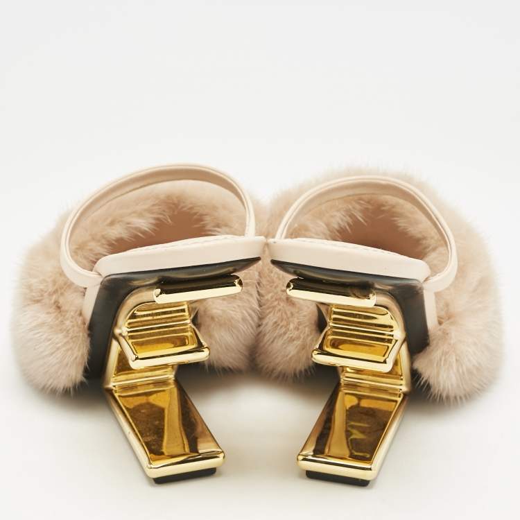 Pre Owned Fendi Brown Mink Fur and Leather Fendi First Ankle Strap Sandals Size 39