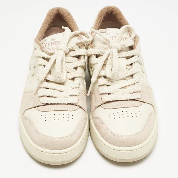 Pre Owned Fendi Two Tone Leather and Suede Logo FF Match Low Top Sneakers Size 39