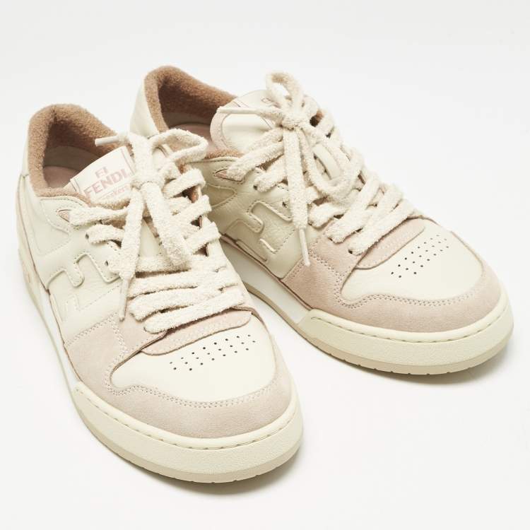 Pre Owned Fendi Two Tone Leather and Suede Logo FF Match Low Top Sneakers Size 39
