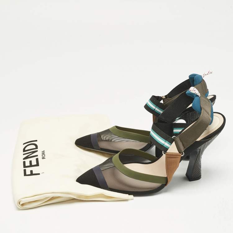 Pre Owned Fendi Multicolor Canvas and Mesh Colibri Slingback Pumps Size 41