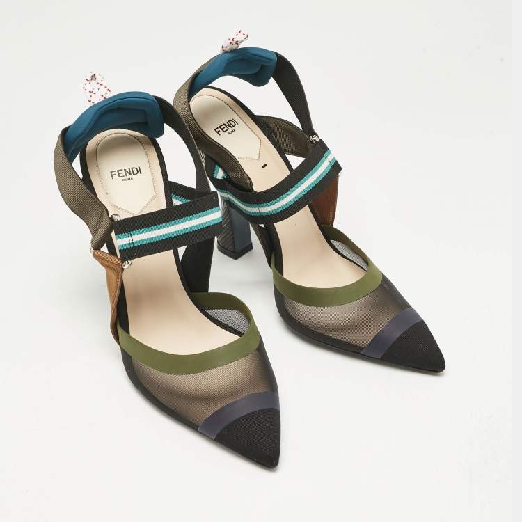 Pre Owned Fendi Multicolor Canvas and Mesh Colibri Slingback Pumps Size 41