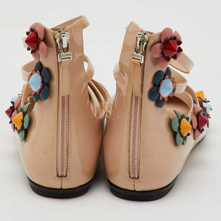 Pre Owned Fendi Beige Patent Leather Flowerland Ankle Strap Flats Size 38