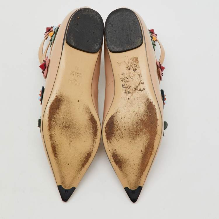 Pre Owned Fendi Beige Patent Leather Flowerland Ankle Strap Flats Size 38