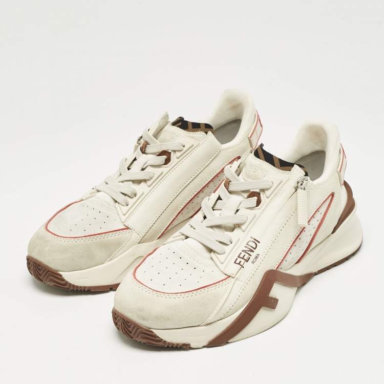 Pre Owned Fendi Beige Mesh and Suede Flow Sneakers Size 38