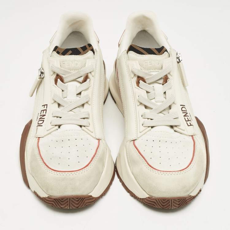 Pre Owned Fendi Beige Mesh and Suede Flow Sneakers Size 38