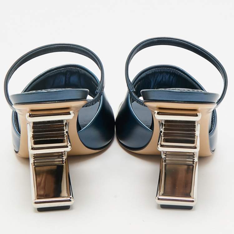 Pre Owned Fendi Metallic Blue Leather Fendi First Slide Sandals Size 38