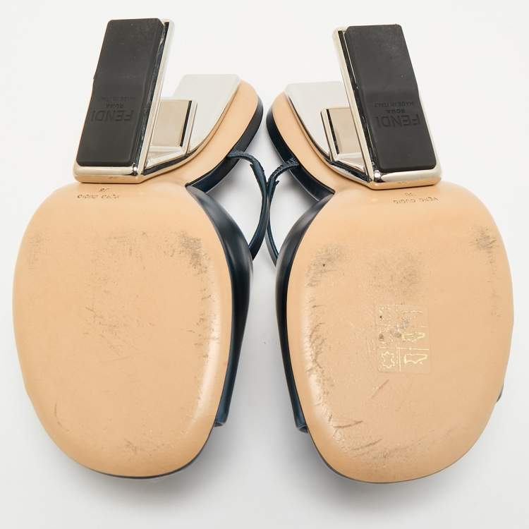 Pre Owned Fendi Metallic Blue Leather Fendi First Slide Sandals Size 38