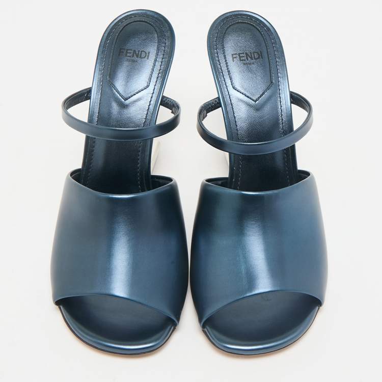 Pre Owned Fendi Metallic Blue Leather Fendi First Slide Sandals Size 38