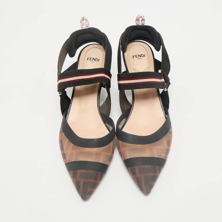 Pre Owned Fendi Brown/Black Fabric and Zucca Mesh Colibri Slingback Pumps Size 39