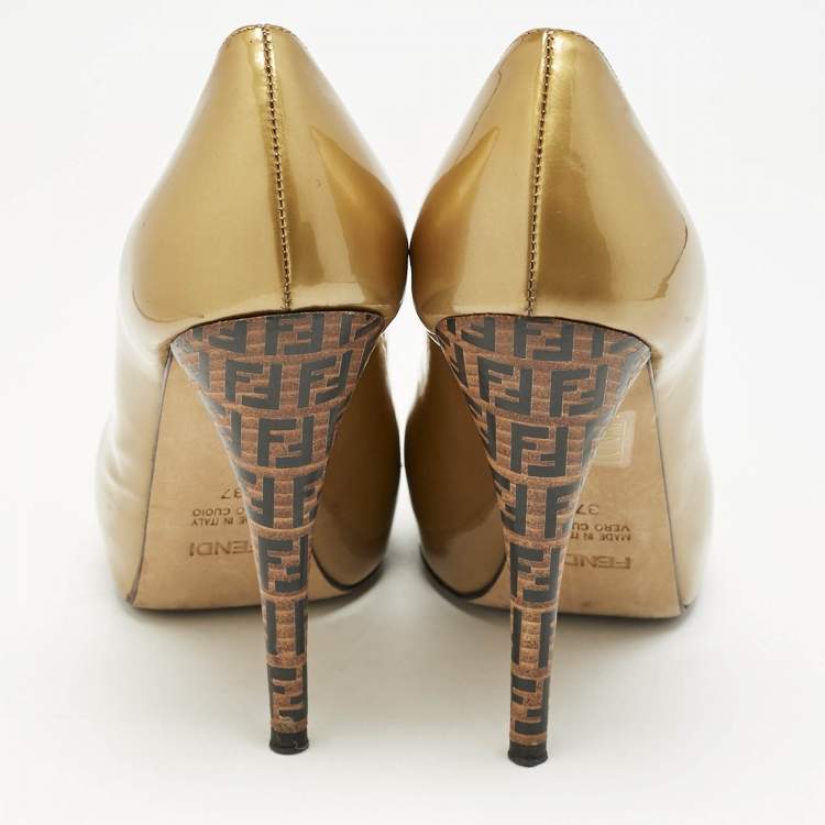 Pre Owned Fendi Gold Patent Leather Platform Pumps Size 37