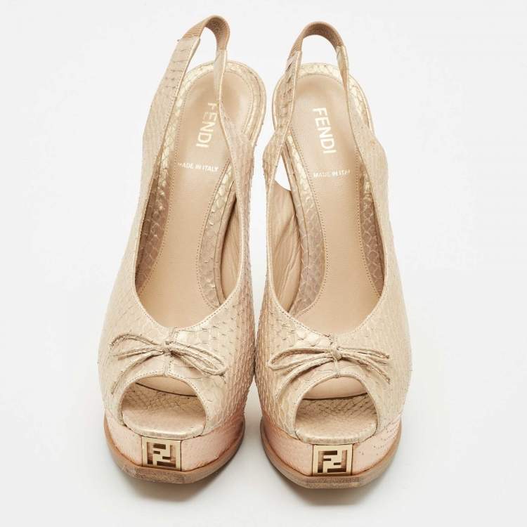 Pre Owned Fendi Beige Python Leather Fendista Peep Toe Platform Slingback Pumps Size 39