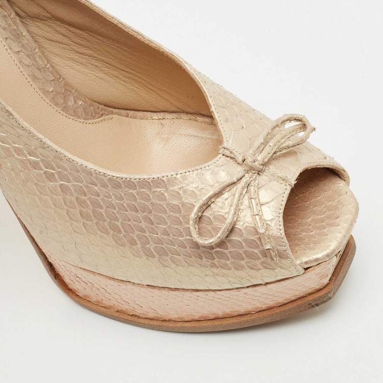 Pre Owned Fendi Beige Python Leather Fendista Peep Toe Platform Slingback Pumps Size 39