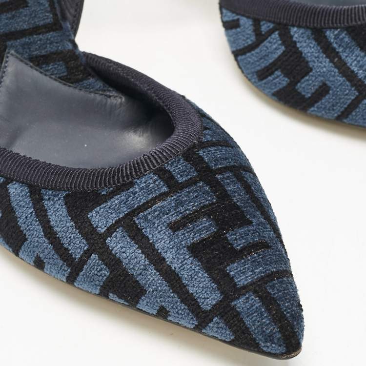 Pre Owned Fendi Navy Blue/Black Zucca Velvet Colibri Pointed Toe Slingback Pumps Size 38.5