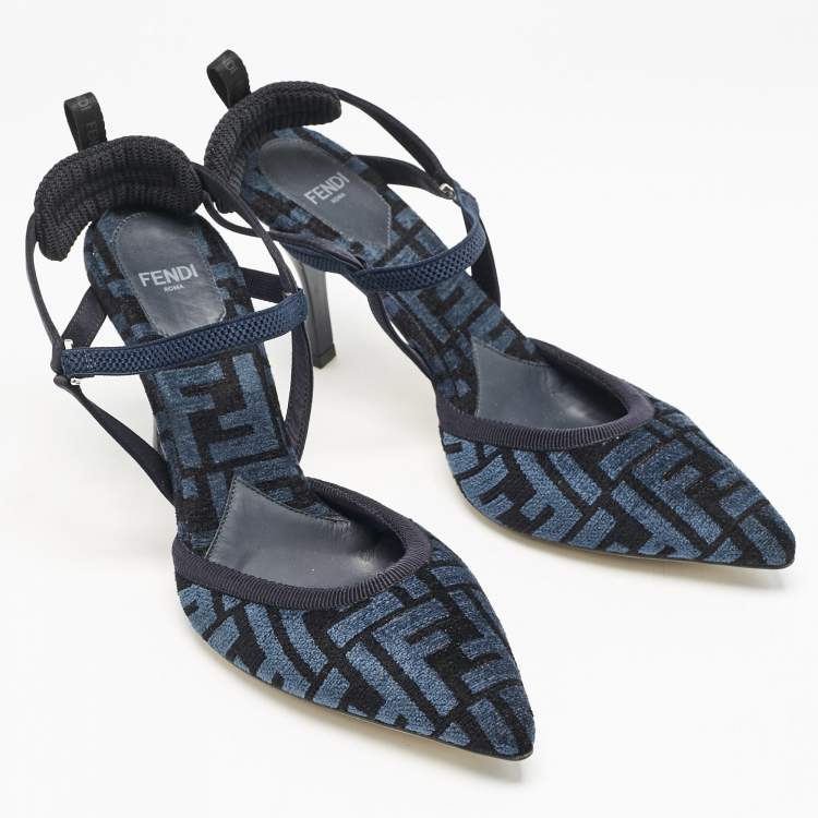 Pre Owned Fendi Navy Blue/Black Zucca Velvet Colibri Pointed Toe Slingback Pumps Size 38.5