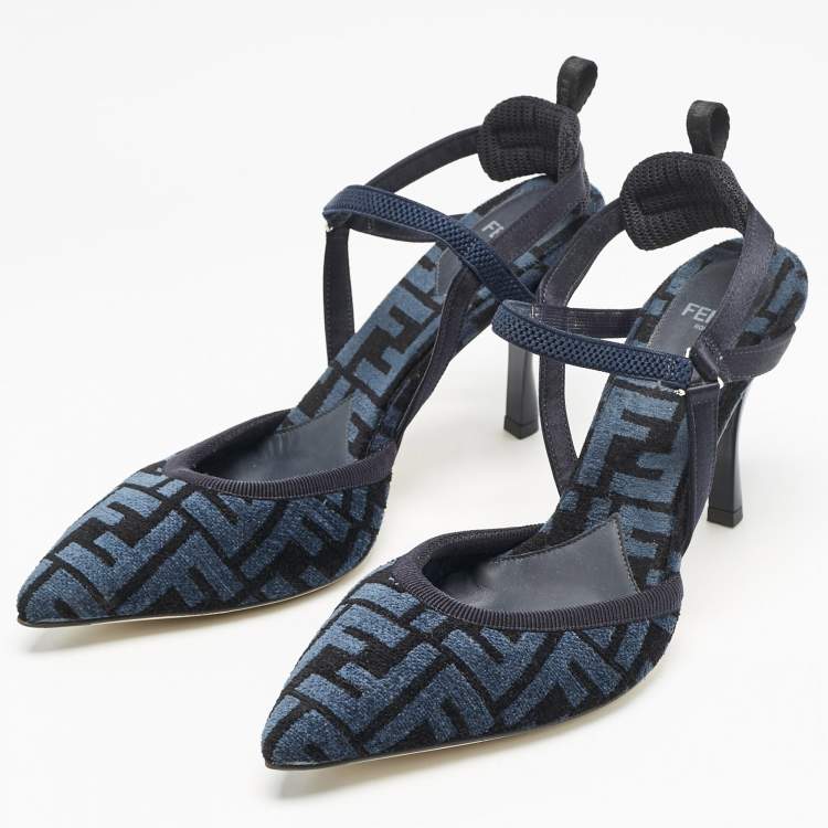 Pre Owned Fendi Navy Blue/Black Zucca Velvet Colibri Pointed Toe Slingback Pumps Size 38.5