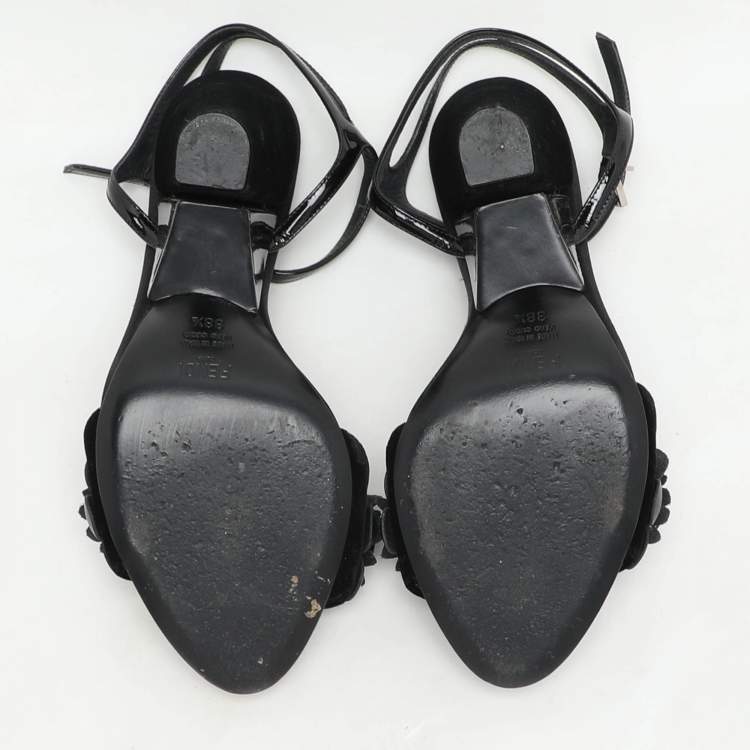 Pre Owned Fendi Black Patent Leather and Velvet Flowerland Ankle Strap Sandals Size 38.5