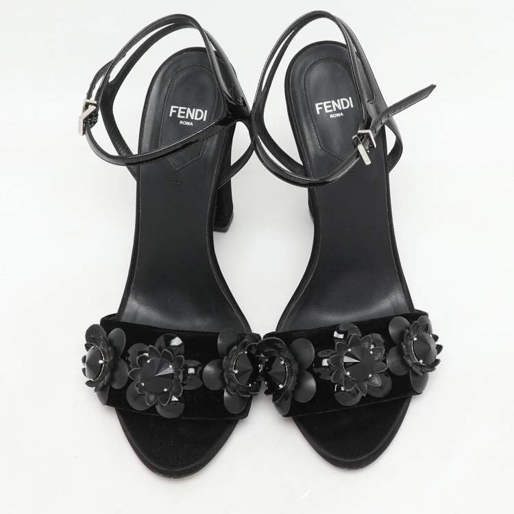 Pre Owned Fendi Black Patent Leather and Velvet Flowerland Ankle Strap Sandals Size 38.5