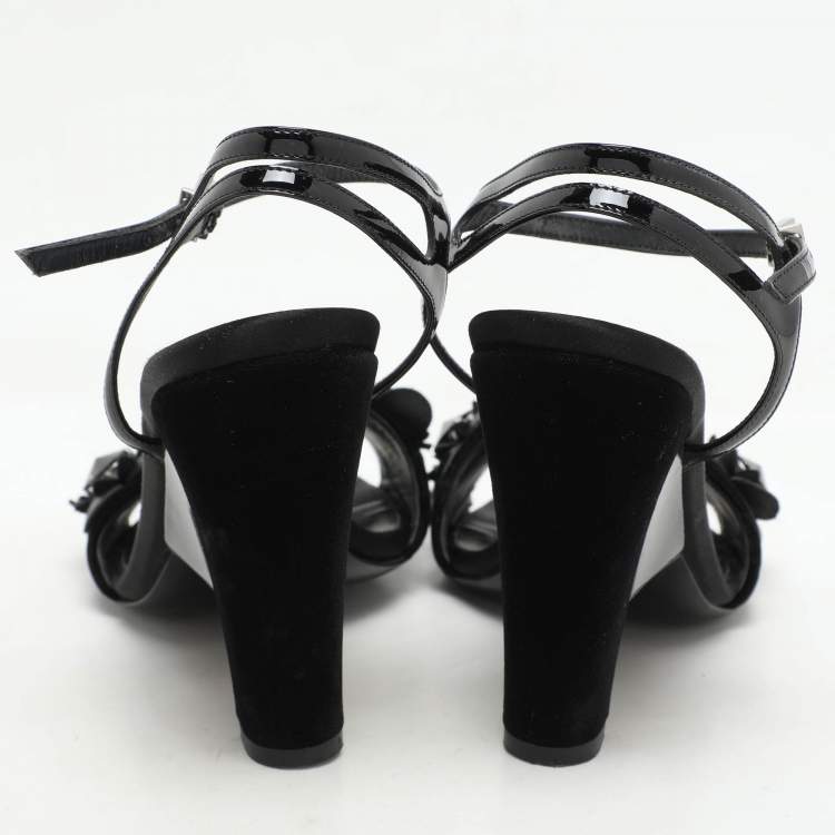Pre Owned Fendi Black Patent Leather and Velvet Flowerland Ankle Strap Sandals Size 38.5