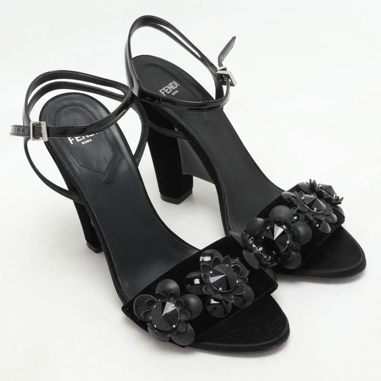 Pre Owned Fendi Black Patent Leather and Velvet Flowerland Ankle Strap Sandals Size 38.5