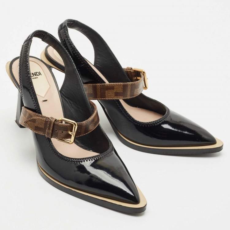 Pre Owned Fendi Black Patent Leather fframe Slingback  Pumps Size 37