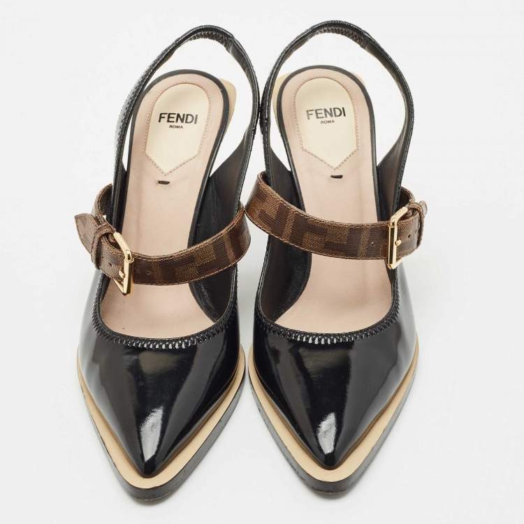 Pre Owned Fendi Black Patent Leather fframe Slingback  Pumps Size 37