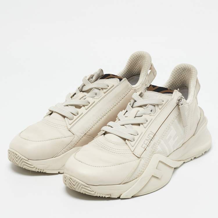 Pre Owned Fendi White Zucca Fabric and Leather Flow Low Top Sneakers Size 37