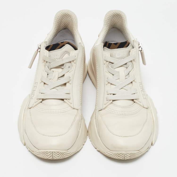 Pre Owned Fendi White Zucca Fabric and Leather Flow Low Top Sneakers Size 37