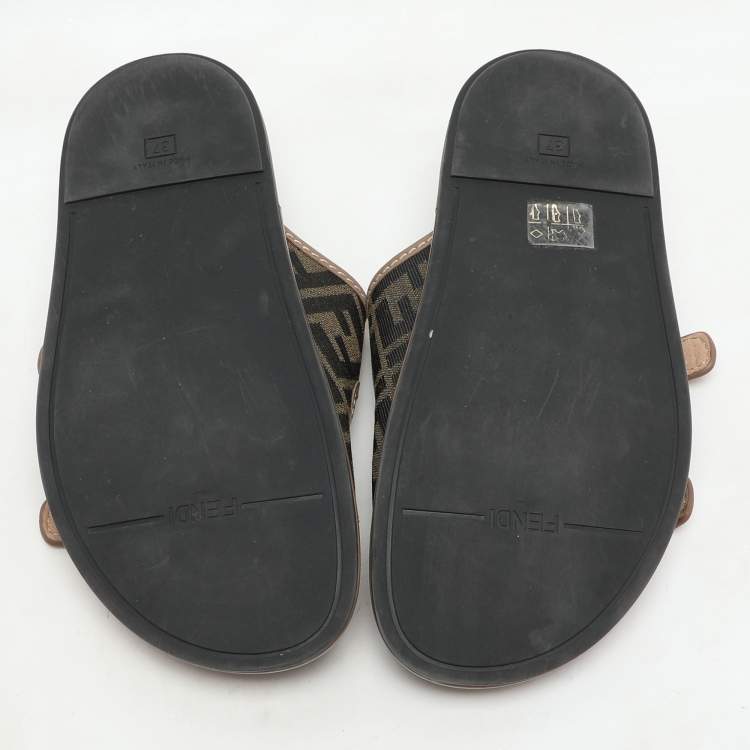 Pre Owned Fendi Brown/Beige Zucca Canvas and Leather FF Buckle Flat Slides Size 37