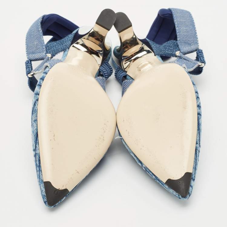 Pre Owned Fendi Navy Blue Zucca Denim Colibri Slingback Pumps Size 39.5