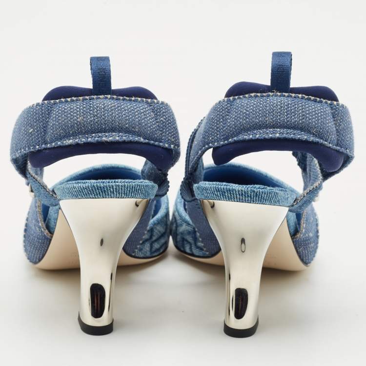 Pre Owned Fendi Navy Blue Zucca Denim Colibri Slingback Pumps Size 39.5